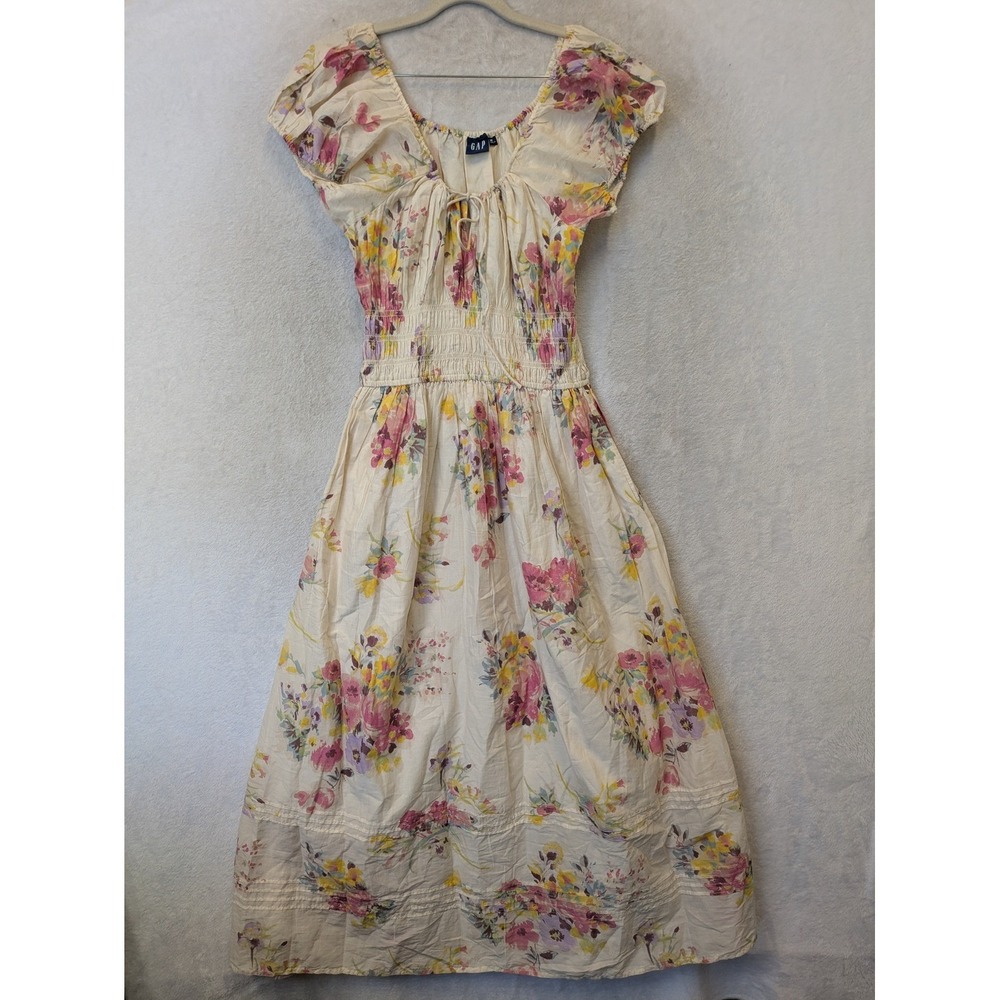 Gap Smocked Midi Dress Women's Medium Cream Floral Tie-Neck Cap Sleeve Pockets
